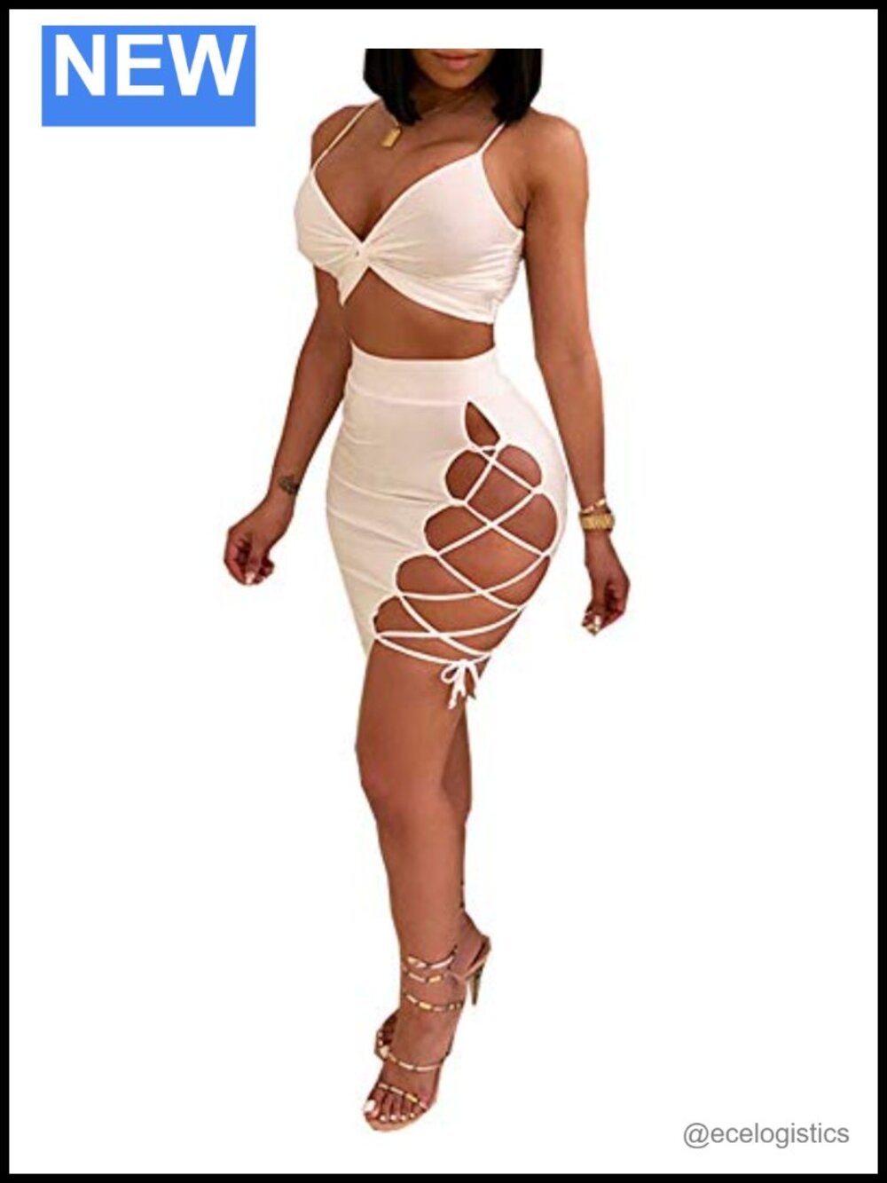 Sleeveless Bodycon Club Dress 2024 Summer Spaghetti Strap Cut Out Two Piece